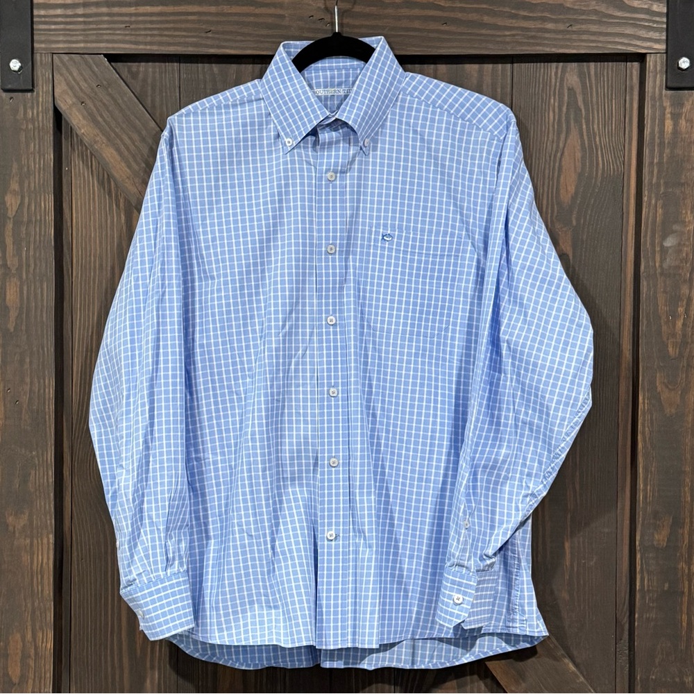 Southern‎ Tide Men's Blue White Plaid Button Down Long Sleeve Shirt Size Medium